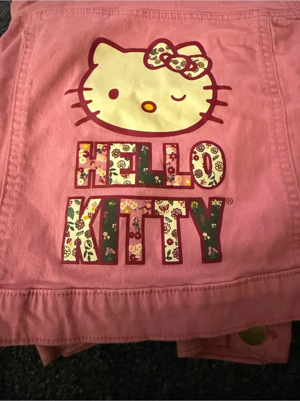 Hello Kitty Pink Denim Jean Jacket with Floral Bow and Mushroom Patch Girls Size